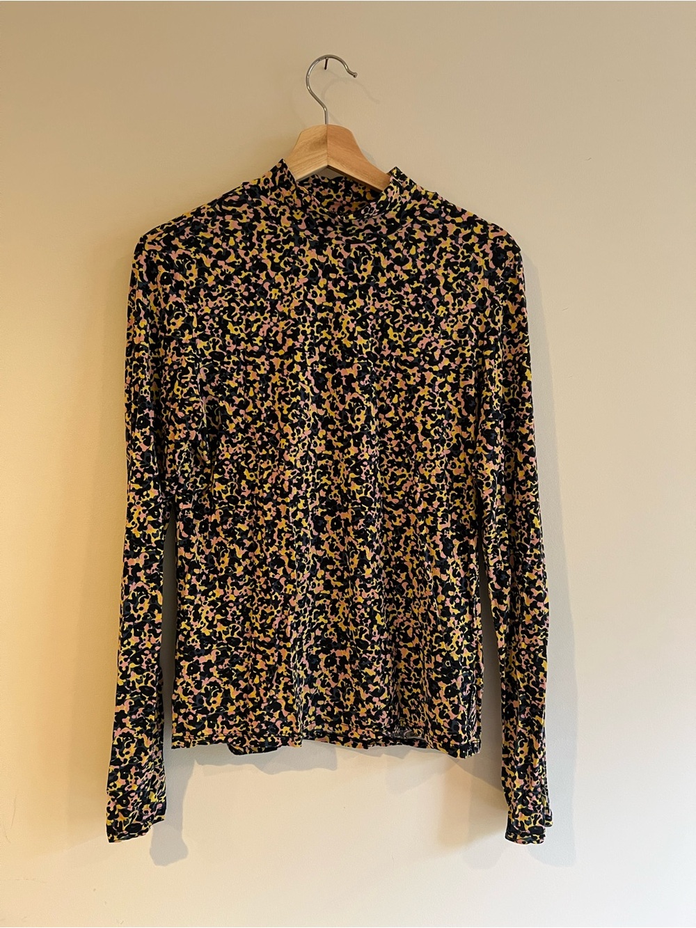 Long Sleeve Mock Neck Top in Black and Pink Floral Print